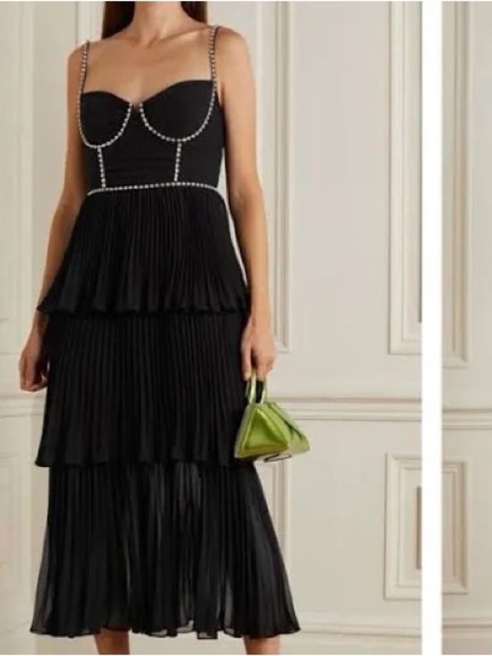 Self-Portrait Dresses & Skirts - Self-Portrait Black Tiered Pleated Midi Dress with Crystal-Trim Straps